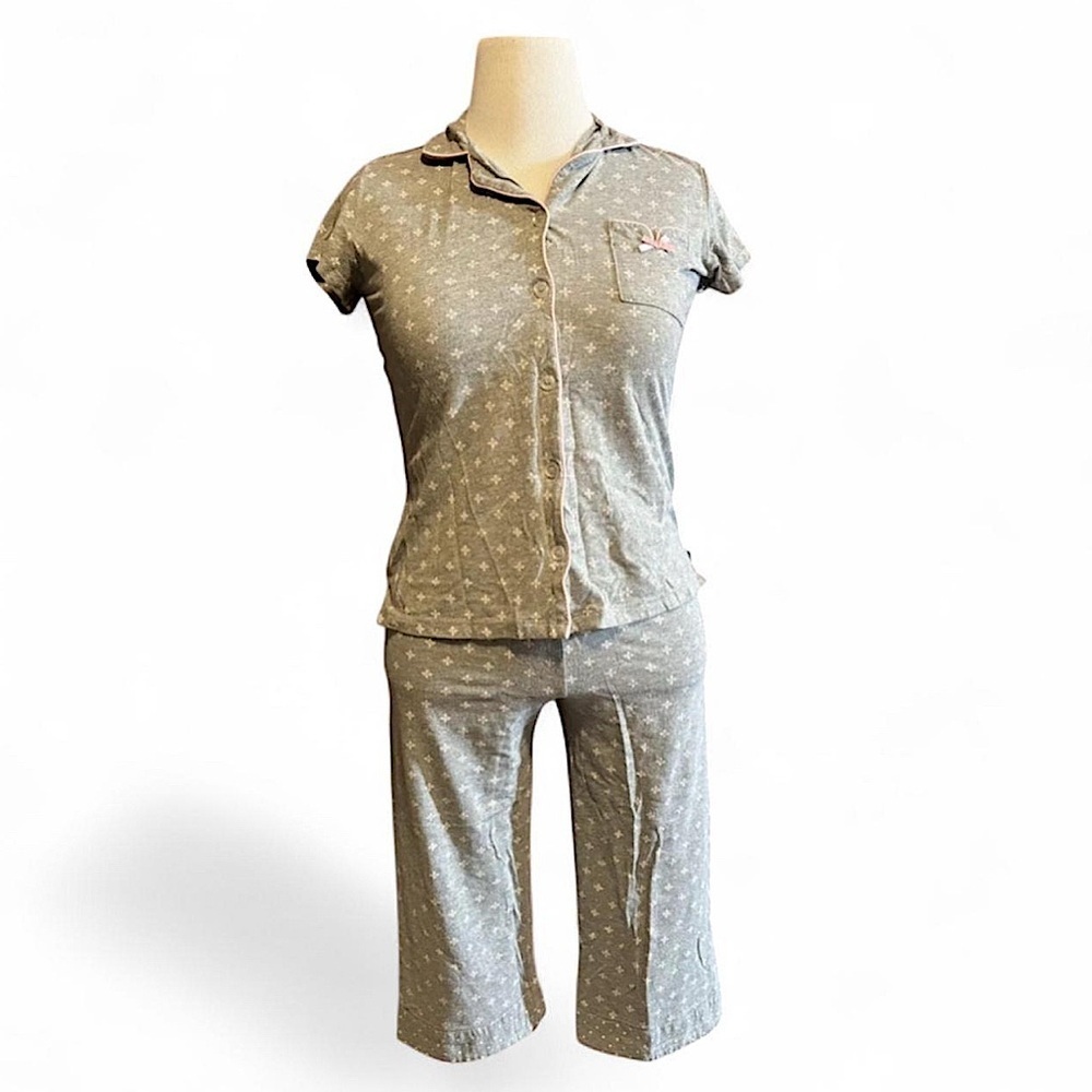 Vintage Laura Ashley Pajama Set SMALL Button Collar Shirt & Capris Gray Coquette